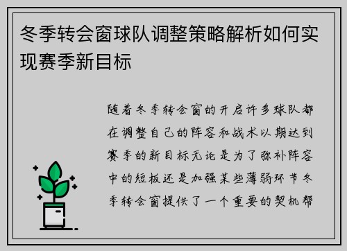 冬季转会窗球队调整策略解析如何实现赛季新目标