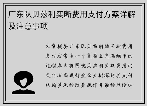广东队贝兹利买断费用支付方案详解及注意事项